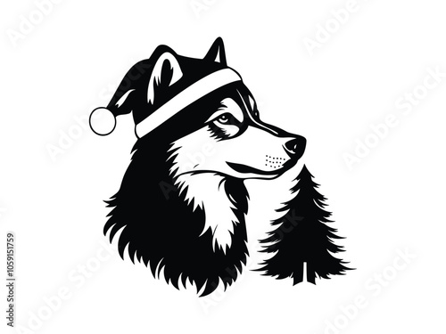 Christmas Alaskan Malamute Dog Silhouettes in Santa Hats - Festive Holiday Graphic for Seasonal Designs
