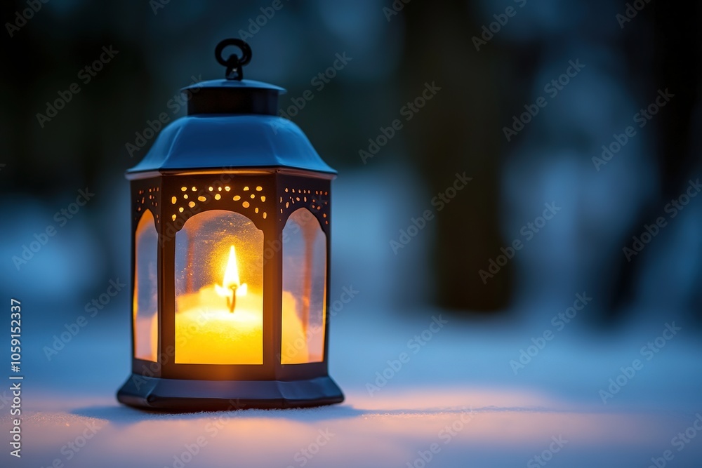 Warm lantern light in serene snowy twilight