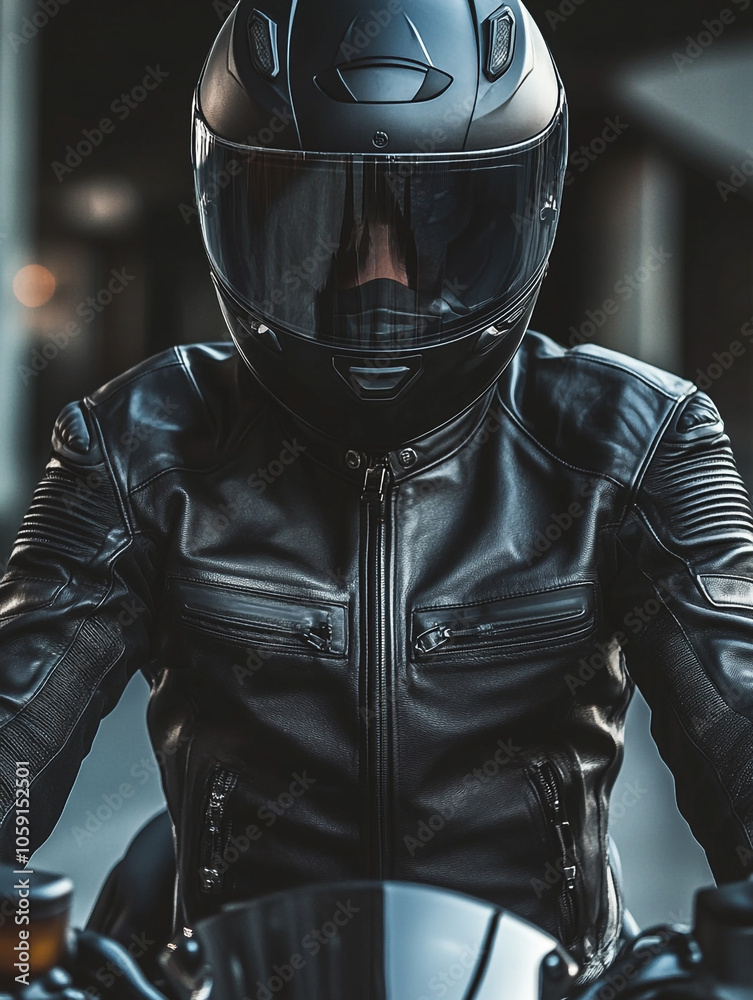 A man wearing a black leather jacket and helmet is riding a motorcycle down a street. 