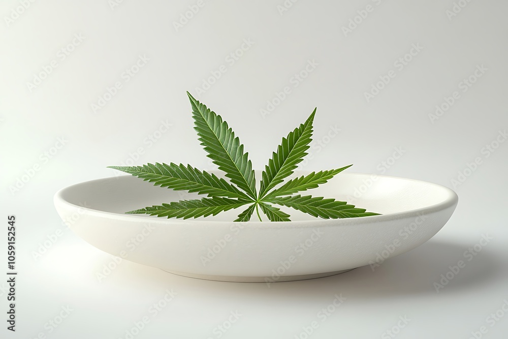 Single Marijuana Leaf in White Bowl on White Background Single Marijuana Leaf in White Bowl on White Background