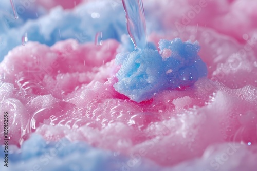 Vibrant, sudsy foam in hues of pink and blue from a luxury spa product. Images used for advertising or creative purposes. photo