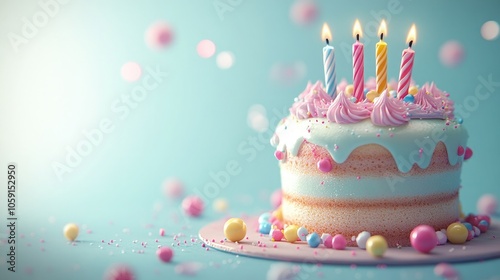 Festive birthday cake with pastel frosting and candles against a blue background; ideal for birthday invites, party designs, and celebration promos