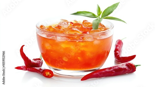 Sweet chili sauce in a clear bowl, isolated on a white background with chili garnish for a fresh and spicy presentation