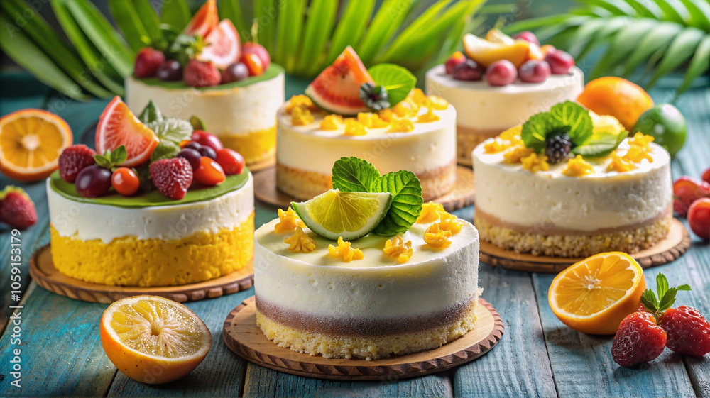Assorted tropical mini cheesecakes with fresh fruit toppings
Assorted tropical mini cheesecakes with fresh fruit toppings