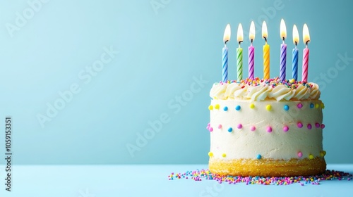 Birthday cake decorated with colorful candles and pastel frosting on a blue background; great for festive promotions, invitations, and celebration themes