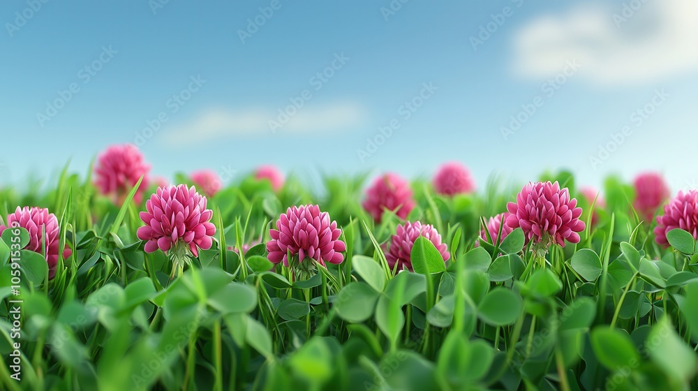 A vibrant field of pink clover flowers against a clear blue sky, creating a serene and lively atmosphere. A vibrant field of pink clover flowers against a clear blue sky, creating a serene and lively atmosphere.