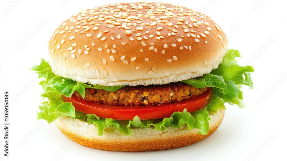Vegan burger with lettuce, tomato, and plant-based patty on a white background, for a delicious, healthy alternative Vegan burger with lettuce, tomato, and plant-based patty on a white background, for a delicious, healthy alternative