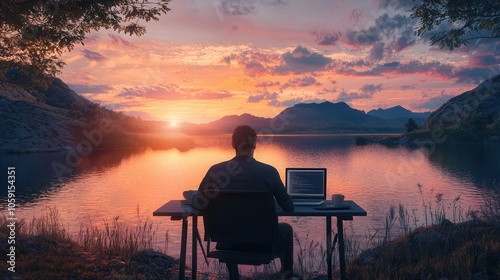 A man sits at a desk by the lakeside at sunset, working on a laptop, surrounded by nature's beauty.