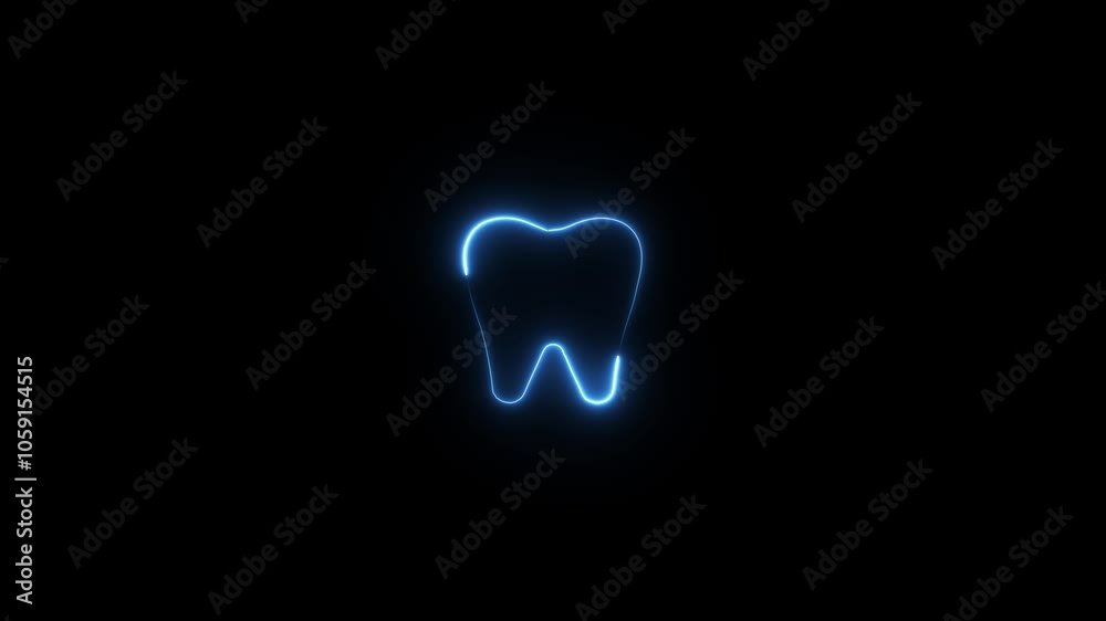 Neon tooth icon animation. Glowing neon tooth sign symbol. Oral health care, teeth diagnostics, check and treatment teeth, stomatology concept.