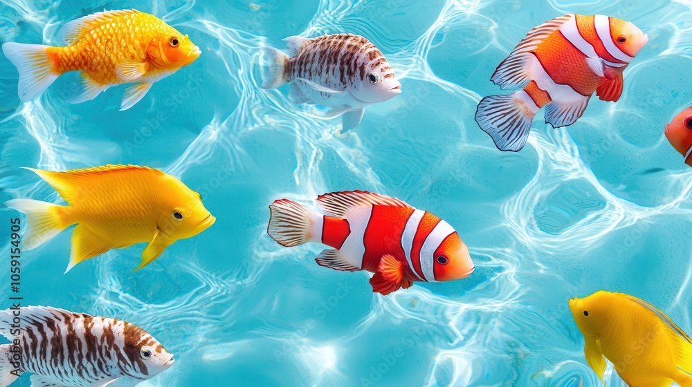 Fototapeta premium A vibrant underwater scene featuring colorful tropical fish swimming gracefully in clear blue water.
