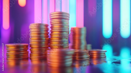 Stacked Gold Coins Against Vibrant Neon Light Background Symbolizing Wealth and Cryptocurrency Trends