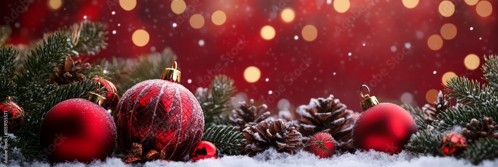 Festive christmas decorations a beautiful display of ornaments snow and holiday cheer for a joyful celebration