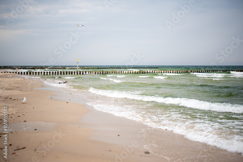 Fototapeta Naklejka Na Ścianę i Meble -  The coastline of the Baltic Sea in northern Poland features stunning sandy beaches, picturesque dunes, and lush greenery, offering a serene escape for nature lovers and beachgoers.