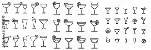 On a gray background, line art icons of cocktail glasses with garnishes, straws, and unique designs can be seen.