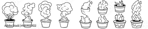 Smoke steam icon set. Steam aroma heat icon illustration. Vapor fire doodle logo. Hit stink, coffee, fragrance flame elements. Modern illustration.