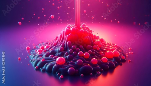 Full image wallpaper of thick, gelatinous liquid, viewed from the front, that is pouring into a thick lake with dim, nonreflective studio lighting. The liquid should be in bright, neon pink, purple, photo