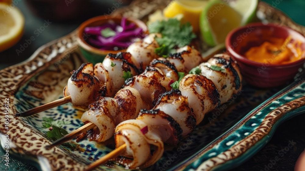 A creative dish of marinated squid skewers, grilled to perfection, served on a decorative plate with colorful dipping sauces on the side. A creative dish of marinated squid skewers, grilled to perfection, served on a decorative plate with colorful dipping sauces on the side.