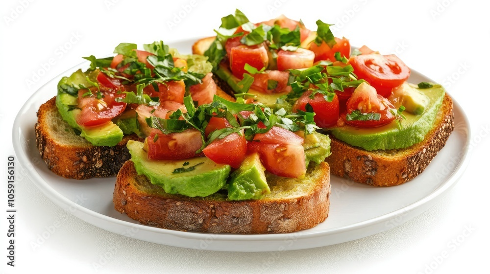 Avocado toast with fresh toppings on a white background, simple yet nutritious vegan food, perfect for breakfast or lunch Avocado toast with fresh toppings on a white background, simple yet nutritious vegan food, perfect for breakfast or lunch