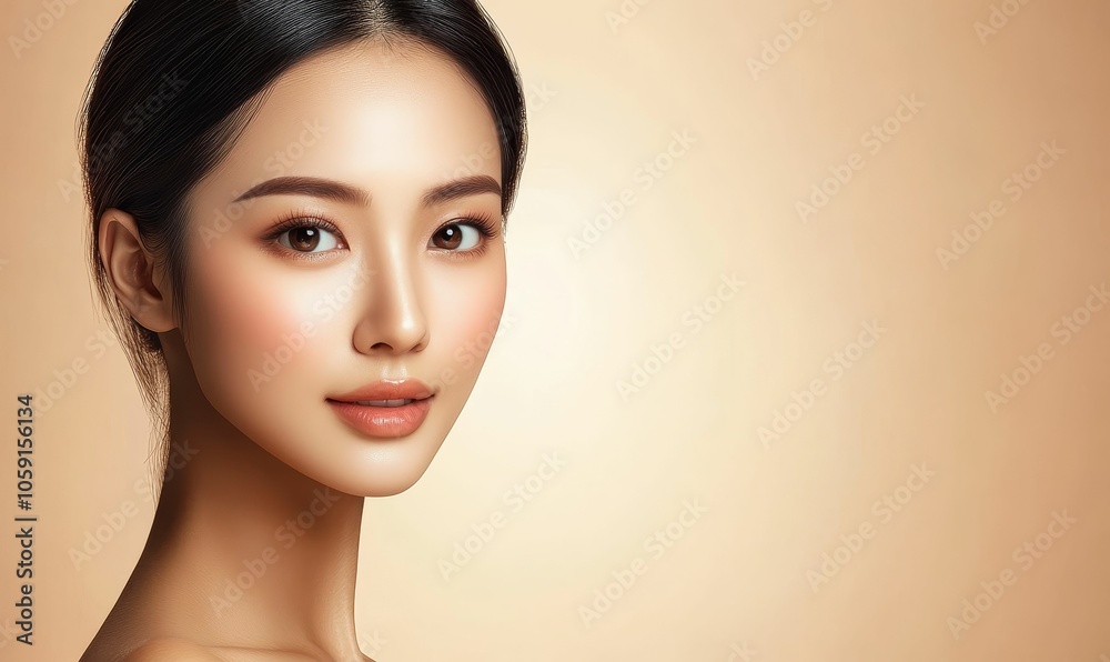 A woman with dark hair and flawless skin. A woman with dark hair and flawless skin.