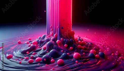 Full image wallpaper of thick, gelatinous liquid, viewed from the front, that is pouring into a thick lake with dim, nonreflective studio lighting. The liquid should be in bright, neon pink, purple, photo