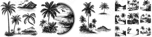 An island with palm trees with modern monochrome sketch drawings on white