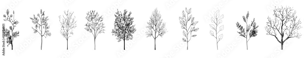 Drawing of a minimal style tree line, side view, set of graphics tree elements outline symbol for architecture and landscape design drawings. Modern illustration in stroke fill in white. Drawing of a minimal style tree line, side view, set of graphics tree elements outline symbol for architecture and landscape design drawings. Modern illustration in stroke fill in white.