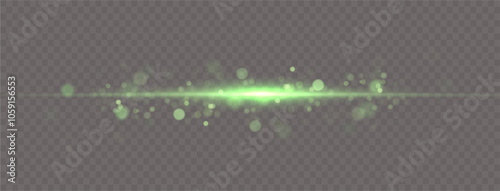 Green line light effect. Golden glowing neon lines. The green glow of dust and glare. Flash of light. gold dust bokeh. Gold confetti shimmers on a dark background.	