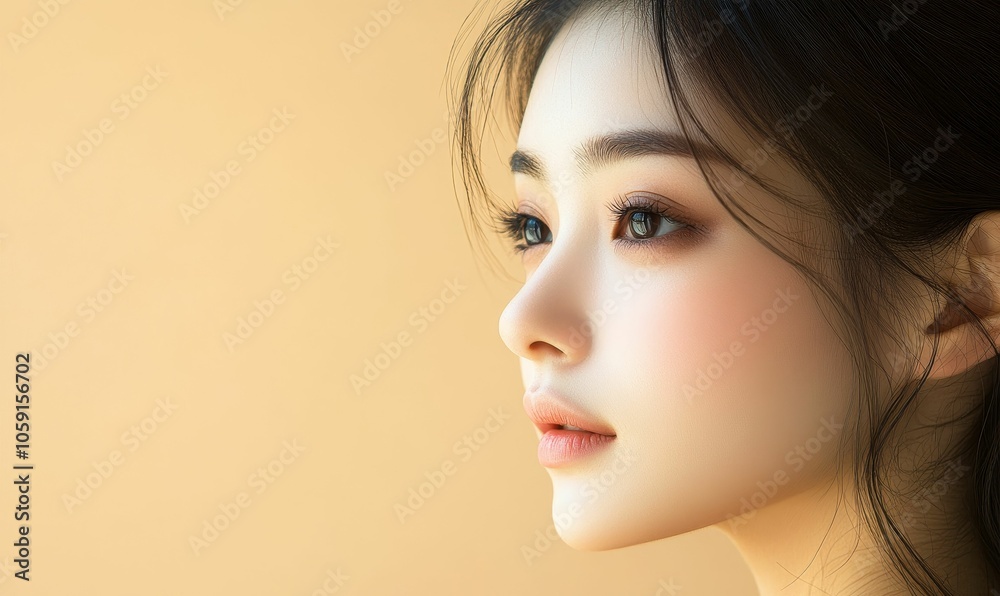 Naklejka premium A young woman with dark hair and flawless skin.