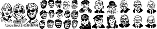 People portraits cartoon sketch illustrations in black and white