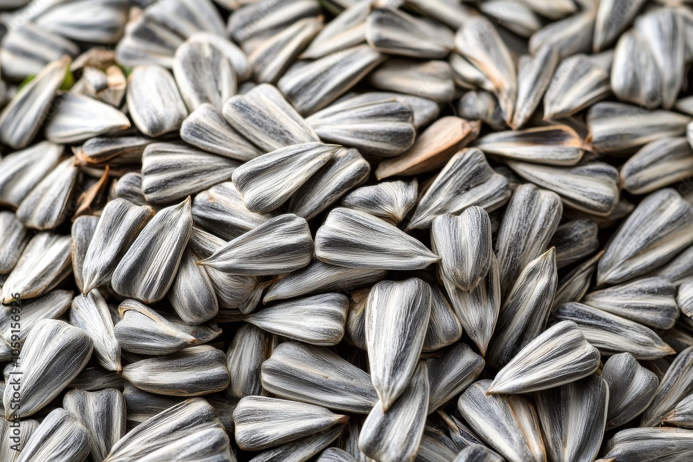 A close-up view of sunflower seeds, showcasing their striped shells, commonly used as snacks or in cooking. A close-up view of sunflower seeds, showcasing their striped shells, commonly used as snacks or in cooking.