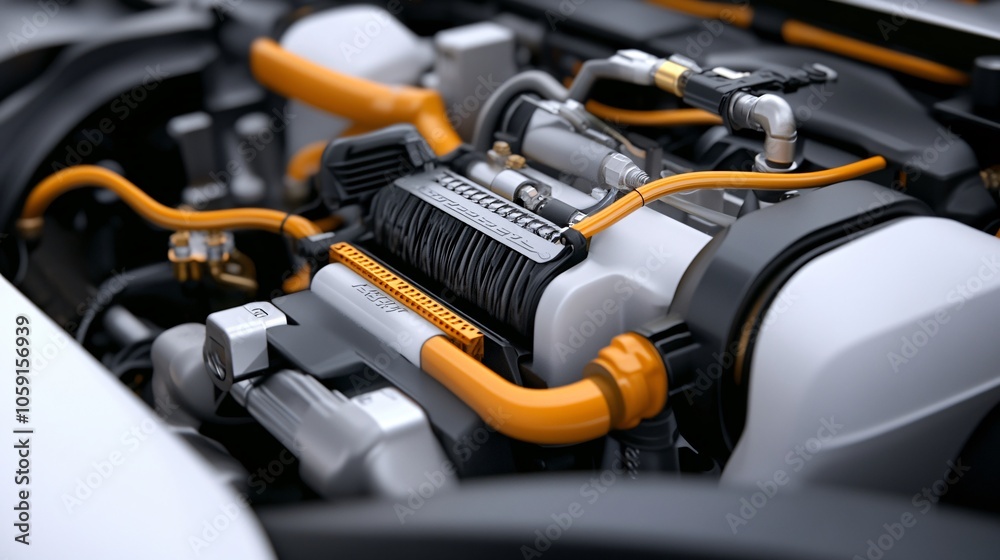 A close-up view of a modern car engine showcasing intricate components and vibrant orange tubing. A close-up view of a modern car engine showcasing intricate components and vibrant orange tubing.