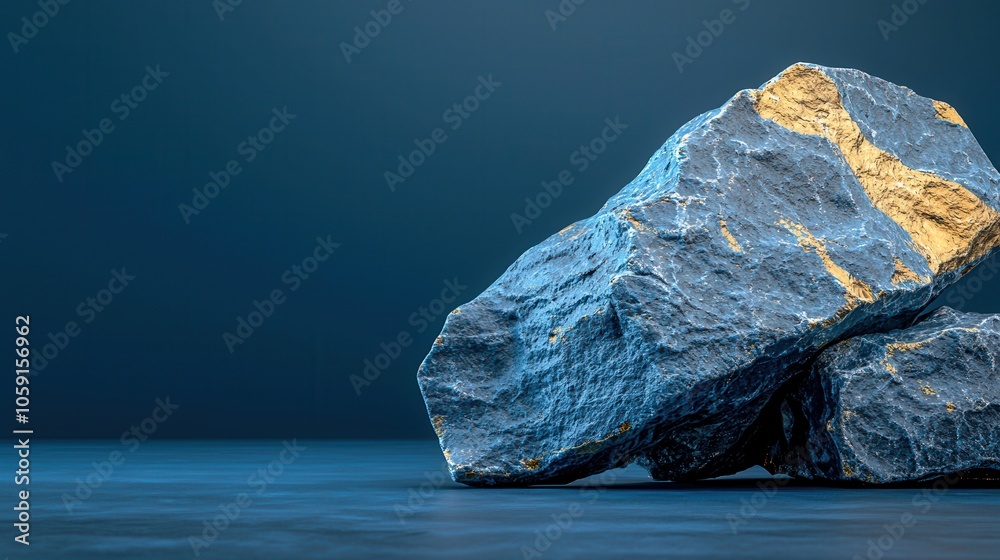 Naklejka premium Close-up of textured blue rocks with golden accents, creating a serene and striking visual against a dark backdrop.