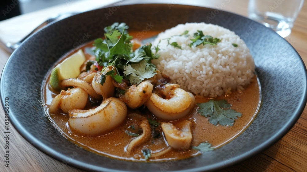 A rich squid curry served in a traditional bowl, with steamed rice and fresh herbs, artfully presented on a wooden table. A rich squid curry served in a traditional bowl, with steamed rice and fresh herbs, artfully presented on a wooden table.