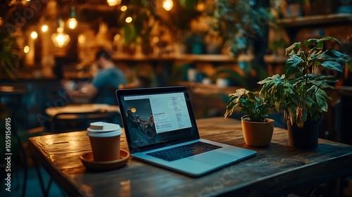 Laptop and coffee on a table in a cafe Plain Textured Background for Web Design and Copy