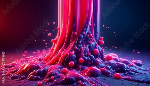 Full image wallpaper of thick, gelatinous liquid, viewed from the front, that is pouring into a thick lake with dim, nonreflective studio lighting. The liquid should be in bright, neon pink, purple, photo