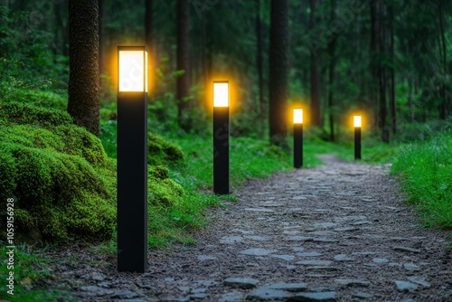 A serene forest path illuminated by glowing lanterns, surrounded by lush greenery and tranquility.