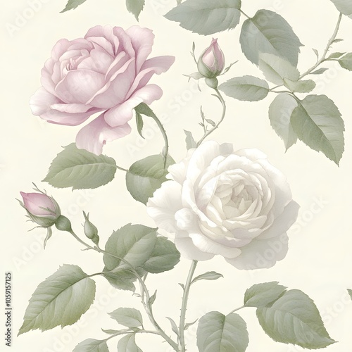A delicate illustration featuring pink and white roses with green leaves on a light background.