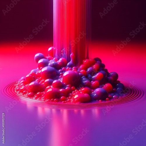 Full image wallpaper of thick, gelatinous liquid, viewed from the front, that is pouring into a thick lake with dim, nonreflective studio lighting. The liquid should be in bright, neon pink, purple, photo