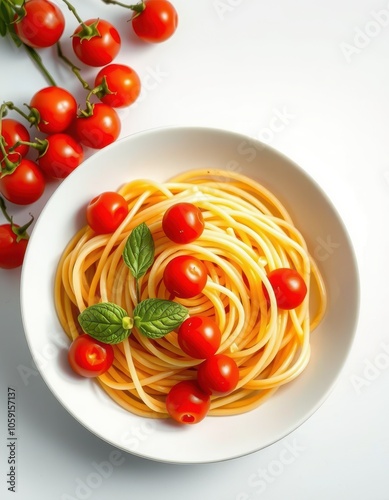 A bowl of spaghetti with cherry tomatoes and a sprig of basil sits on a white table