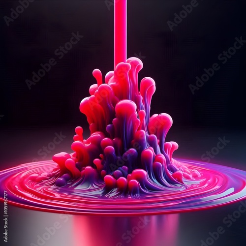 Full image wallpaper of thick, gelatinous liquid, viewed from the front, that is pouring into a thick lake with dim, nonreflective studio lighting. The liquid should be in bright, neon pink, purple, photo