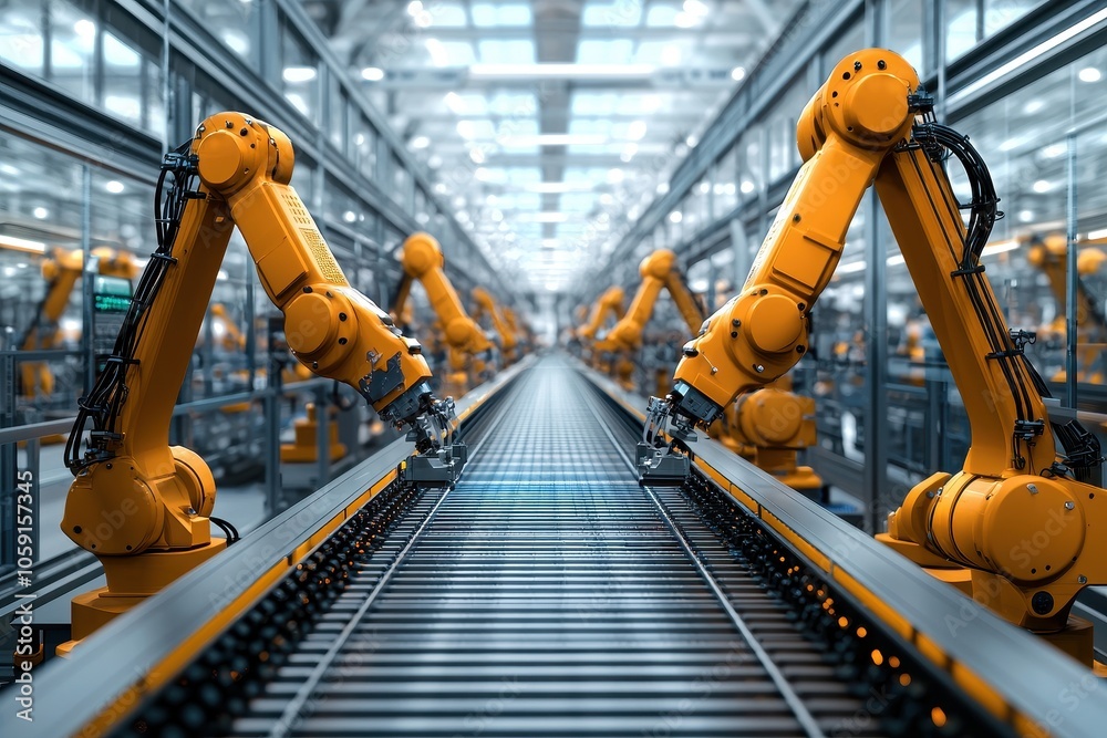 A high-tech assembly line featuring robotic arms working in synchronization on a conveyor belt in a modern factory.