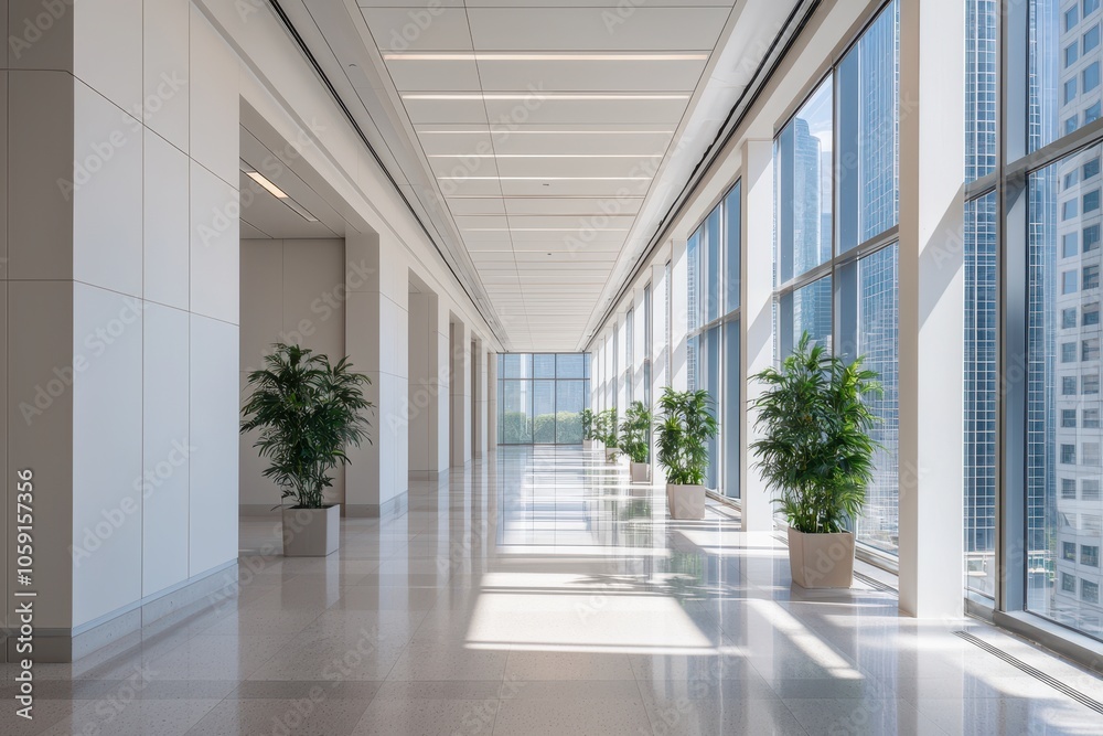 A bright, modern corridor with large windows, lined with potted plants, showcasing a clean and spacious design. A bright, modern corridor with large windows, lined with potted plants, showcasing a clean and spacious design.