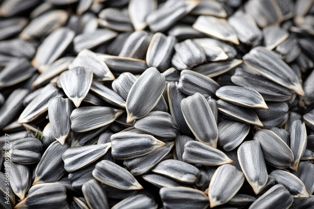 A close-up view of sunflower seeds, showcasing their textured shells in a natural arrangement. A close-up view of sunflower seeds, showcasing their textured shells in a natural arrangement.