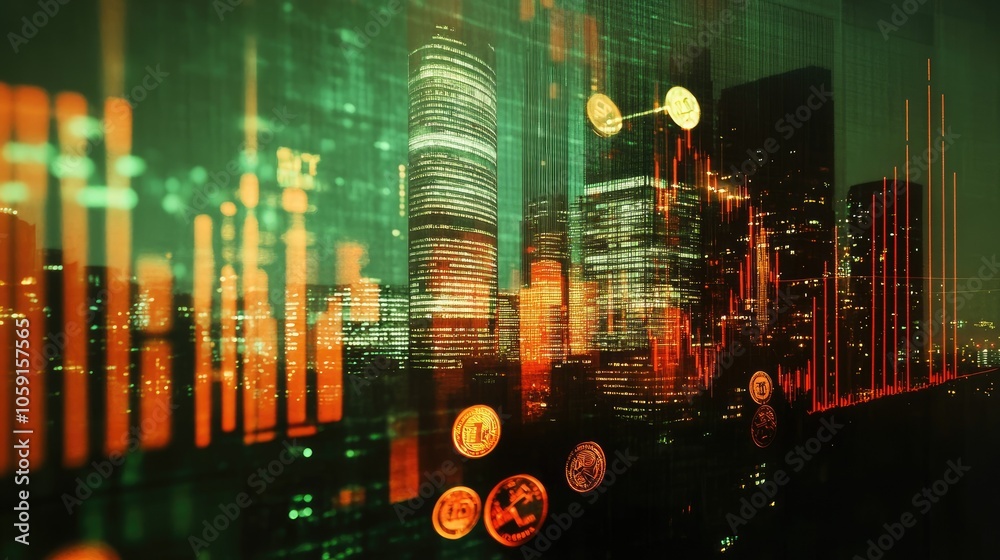 Fototapeta premium Double exposure: coins and cityscape with stock chart overlay, representing financial growth