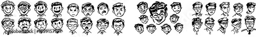 Drawings of a cartoon man in glasses with doodle emotions on his face.