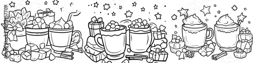 Decorative holiday set of hot drink cups, mugs with winter scarves. Hand drawn sketch style. Modern illustration.