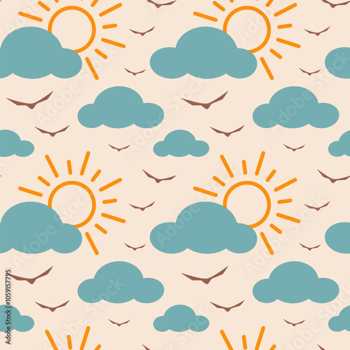 Retro seamless pattern with birds, sun and clouds. Vector illustration of sky. Vintage background nature and animals.