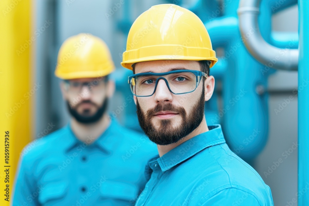 Two construction workers in yellow hard hats and blue uniforms stand in an industrial setting with pipes in the background. Two construction workers in yellow hard hats and blue uniforms stand in an industrial setting with pipes in the background.