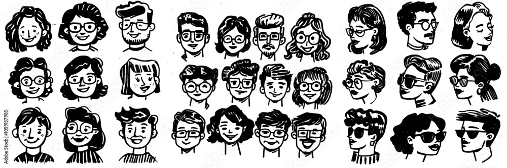People faces drawn by hand. Different emotions smiley faces in black and white. People faces drawn by hand. Different emotions smiley faces in black and white.