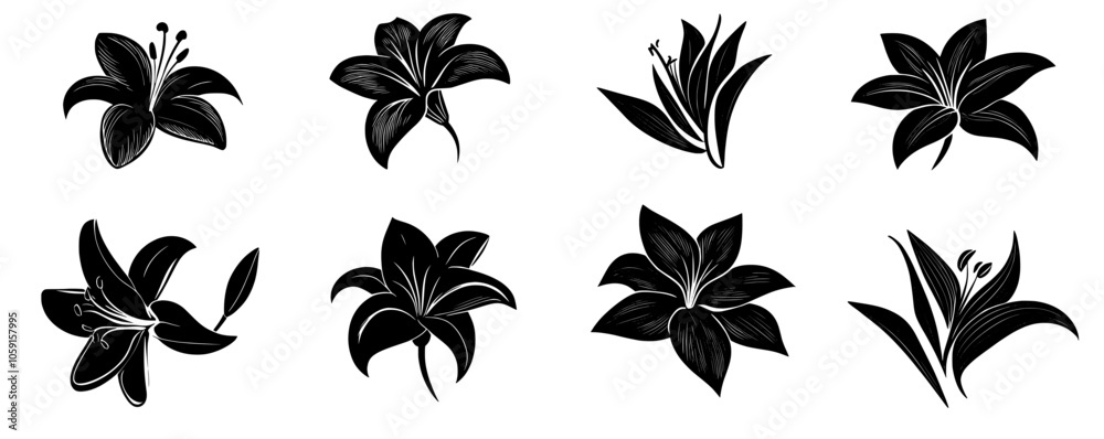 Set of black silhouettes of lily flowers isolated on white. Set of black silhouettes of lily flowers isolated on white.